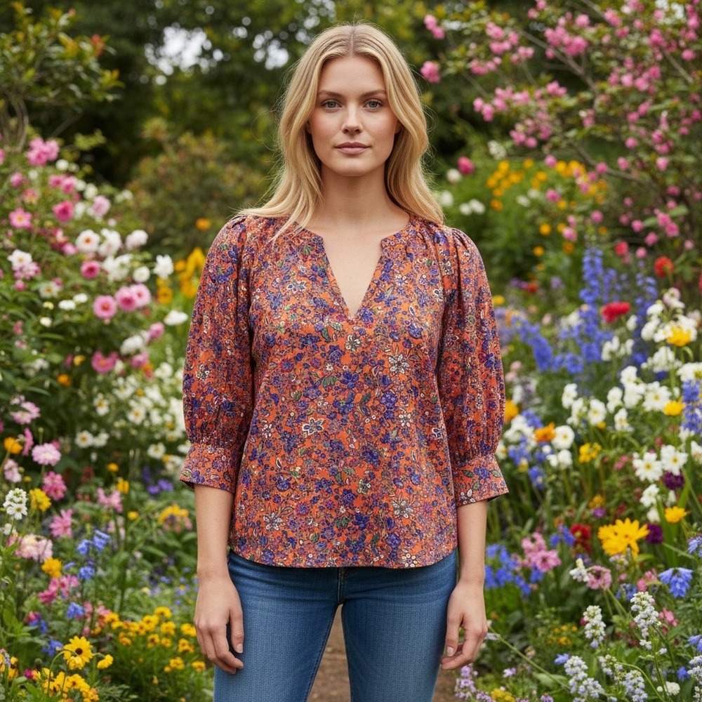 Universal Thread Floral Split Neck Puff Sleeve‎ Blouse Boho Garden Cottage XS